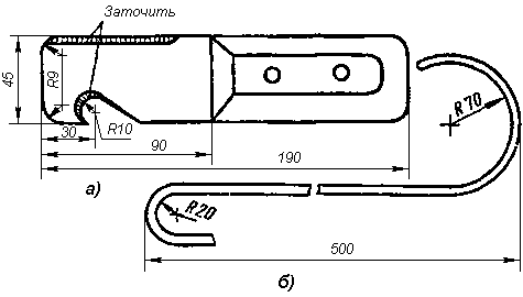 Нож (а) для резки древесноволокнистых плит и стальной крюк (б) для их переноски